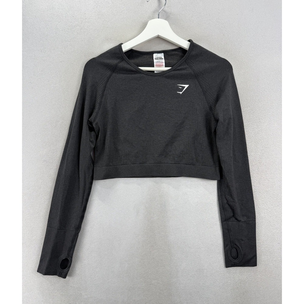 Gymshark Womens XL Black Seamless Crop‎ Top Long Sleeve Thumbholes Activewear